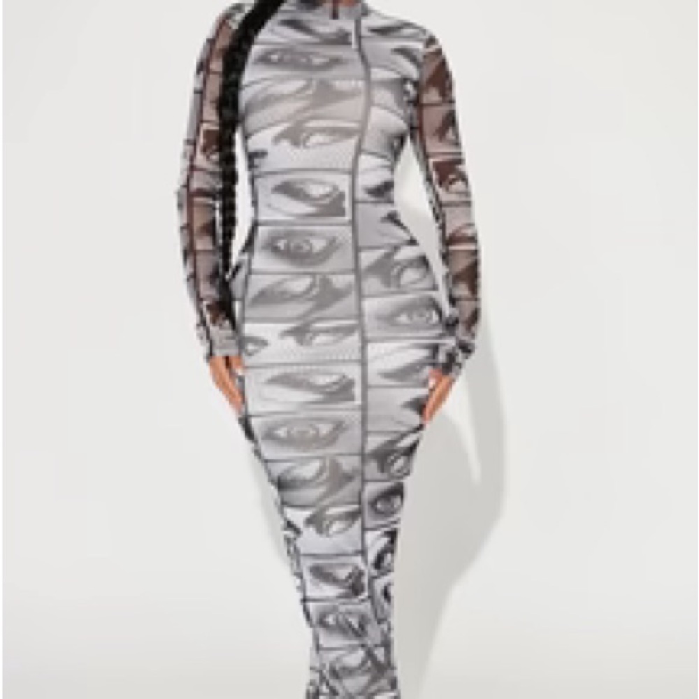 Fashion Nova Monochrome Eye-Print Long Sleeve Dress